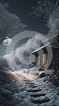 landscape with snow house in the eastern village. view with full moon.