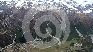 Landscape of snow mountain panorama view from helicopter window in New Zealand.