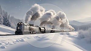 landscape with snow and trees _A fuel train speeding through a snowy landscape. The train has several cylindrical tanks