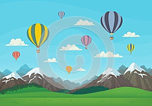 Landscape with snowy mountains, green meadows, spruce forest, colorful hot air balloons, clouds and blue sky. Cartoon style