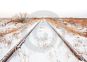 Landscape of Snowy Train Tracks