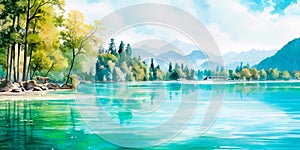 landscape with soft, pastel hues depicting a tranquil lake surrounded by lush, green trees and a clear blue sky, evoking