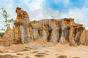 Landscape of soil textures eroded sandstone pillars, columns and cliffs,