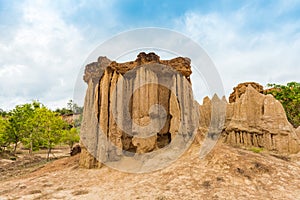 Landscape of soil textures eroded sandstone pillars, columns and cliffs,