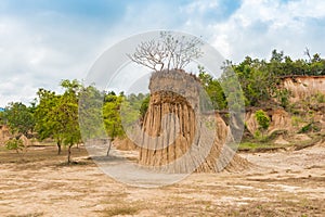 Landscape of soil textures eroded sandstone pillars, columns and cliffs,