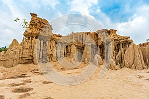 Landscape of soil textures eroded sandstone pillars, columns and cliffs,