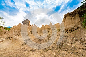 Landscape of soil textures eroded sandstone pillars, columns and cliffs,