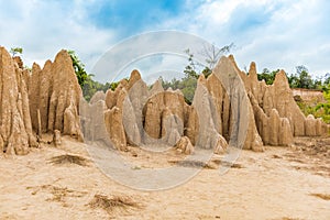 Landscape of soil textures eroded sandstone pillars, columns and cliffs,