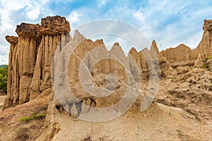 Landscape of soil textures eroded sandstone pillars, columns and cliffs,