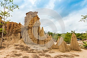 Landscape of soil textures eroded sandstone pillars, columns and cliffs,