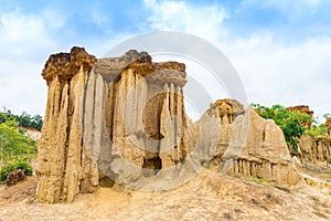 Landscape of soil textures eroded sandstone pillars, columns and cliffs,