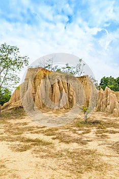 Landscape of soil textures eroded sandstone pillars, columns and cliffs,