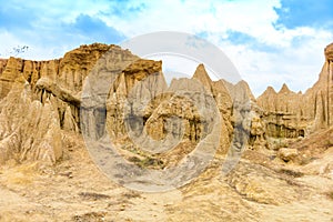 Landscape of soil textures eroded sandstone pillars, columns and cliffs,