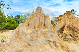 Landscape of soil textures eroded sandstone pillars, columns and cliffs,