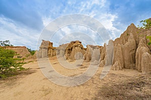 Landscape of soil textures eroded sandstone pillars, columns and cliffs,