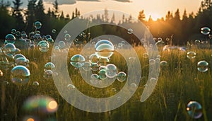 a landscape with a solar field and soap bubbles above it