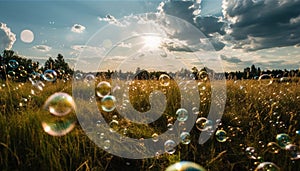 a landscape with a solar field and soap bubbles above it