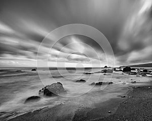 Landscape of Sombrio Beach in black and white photo