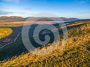 Landscape of South Australian outback at sunset.