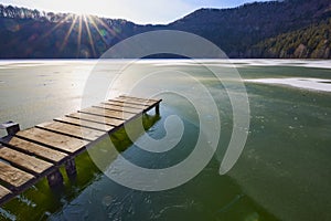 Landscape with St. Ana Lake in Romania, volcanic lake in December