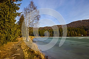 Landscape with St. Ana Lake in Romania, volcanic lake in December