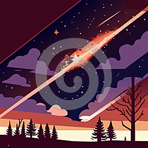 Landscape with starry sky and trees. Vector cartoon illustration. AI Generated