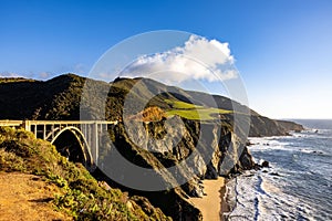 Landscape of State Route 1 in the cliffs at the shore on a sunny day