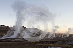 Landscape of steam at El Tatio Geyser Chile