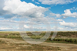 Landscape steppe. Tyva. Near the lake Dus-Khol. Sunny day. Clouds.