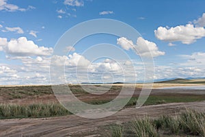Landscape steppe. Tyva. The road near the lake Dus-Khol. Clouds on the horizon
