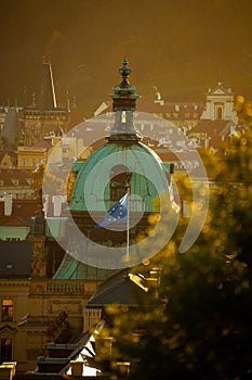 landscape with Straka Academy dome in the evening in autumn in Prague