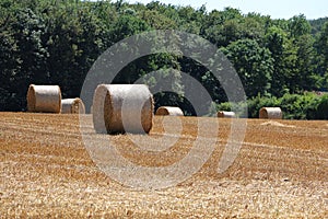 Landscape with a stubble field with straw bales