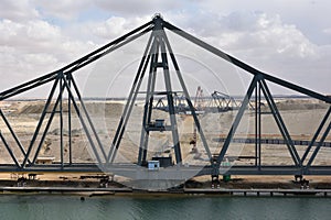 Landscape of Suez Canal, view from transiting cargo ship.