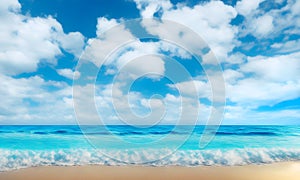 Landscape, summer tropical beach. Azure sea, ocean, waves, surf, blue sky with cumulus clouds, ,sand. Design concept for travel,