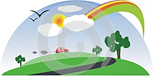 Landscape with Sun, rainbow, car, trees, clouds