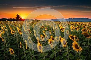 Landscape of Sunflowers Blooming in The Field., Beautiful Scene of Agriculture Farming on Mountain Range Background at Sunset.,
