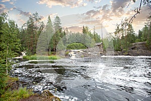 Landscape of sunrise, forest and mountain river