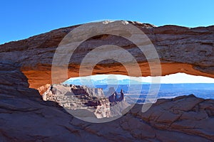 Landscape, sunrise at Mesa Arch in Canyonlands National Park, Moab, Utah, USA, North America. Island in the sky