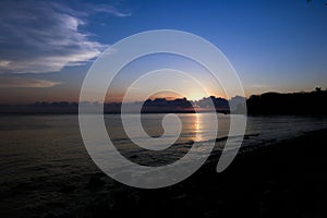 Landscape sunrise at sea Tulamben Beach, Kubu, Bali, Indonesia.