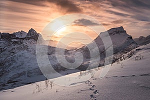 Landscape of sunrise on snowy mountain at peak of Segla
