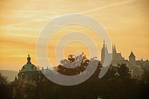 landscape at sunset in autumn in Prague, Czech Republic