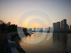 Landscape in the sunset near wetland park