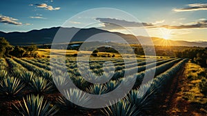 Landscape with sunset and planting of agave plants to produce tequila in Jalisco