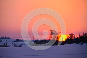 Landscape Sunset Snowy evening Village