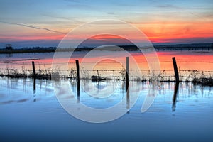 Landscape sunset or sundown river Narew Poland Europe spring time meadows under water