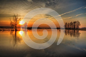 Landscape sunset or sundown river valley Narew Poland Europe