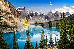 Landscape sunset view of Morain lake and mountain range