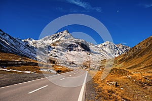 Landscape of the Swiss Alps and forest of national parc in Switzerland. Alps of Switzerland on autumn. Fluela pass road. . Swiss c