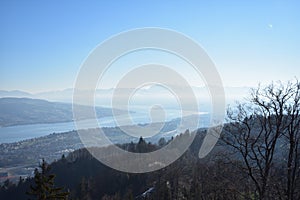 Landscape of the Swiss Alps and Lake Zurich from Uetliberg