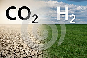 Landscape with symbols of carbon dioxide and hydrogen photo